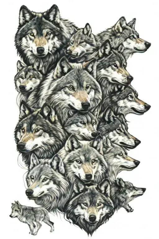 6 Wolves Wolf Pack With 1 Highlighted In Color And 5 In Black And White