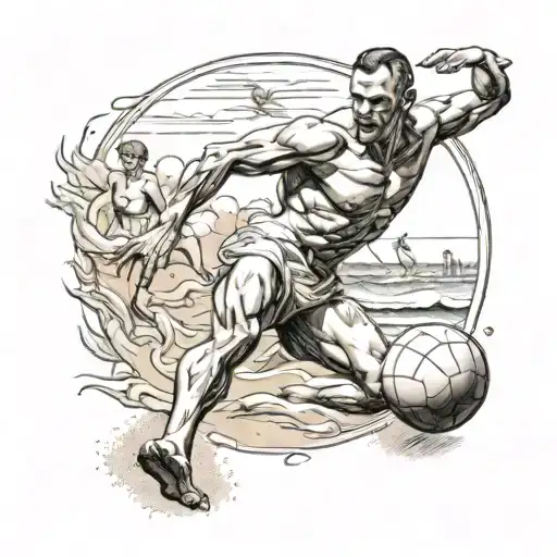 A New-school Design Of A Nudist Playing Sports On The Beach