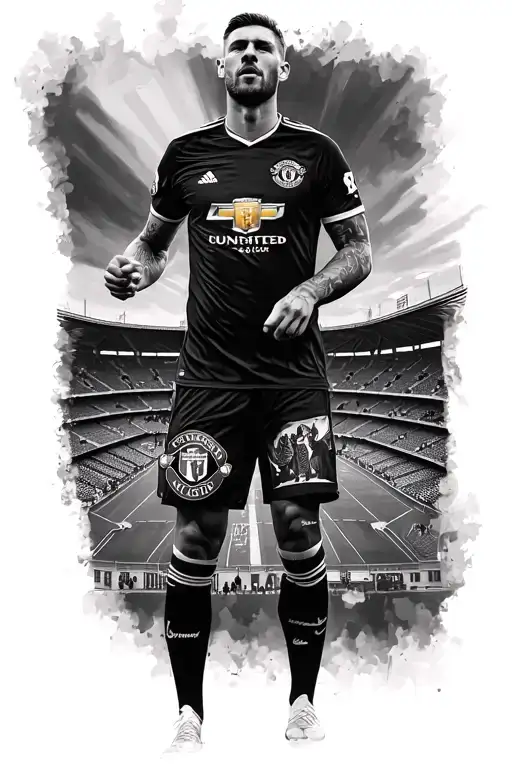 Manchester United Inspired Leg Sleeve With Old Town Bakground In Black And White With The Stadium