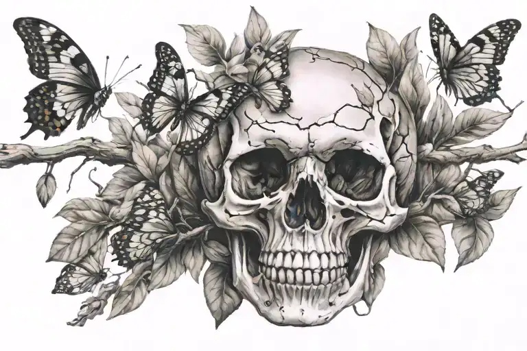 Skull On Branch With Mini Butterflies Flying Away