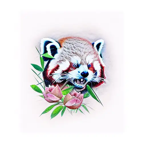 Red Panda With Bamboo And Lotus Flowers