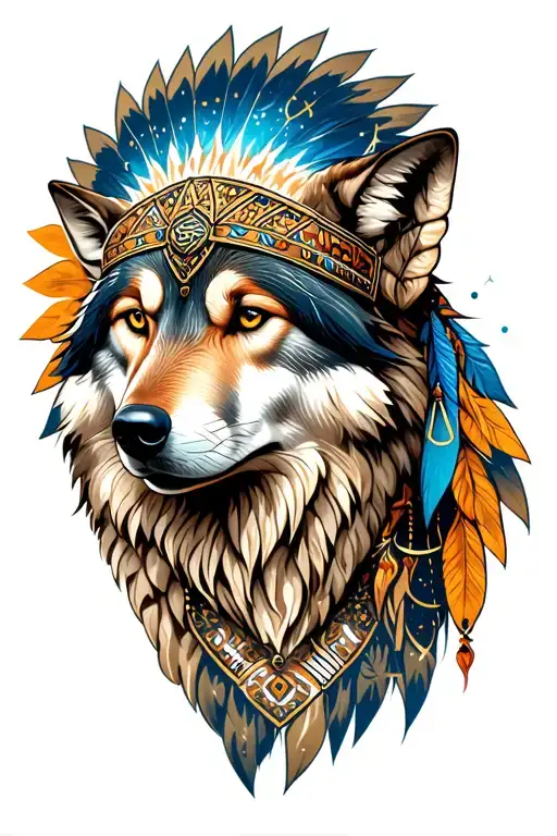Wolf Face With Royal Indian Headdress With Libra Constellation Symbolizing