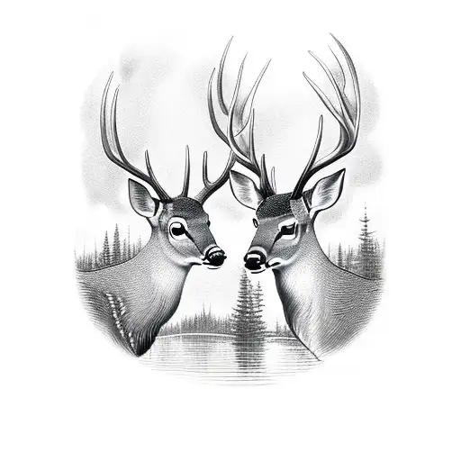Two Deer Drinking Water In Woods