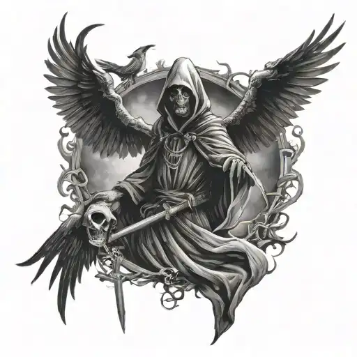 Grim Reaper With Cross And Crows Flying