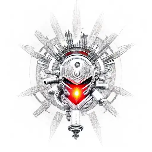 Robot With Red Eyes Angry Tactical Steel Mean Gun Protecting Goddess With Crown Spiky Upfront