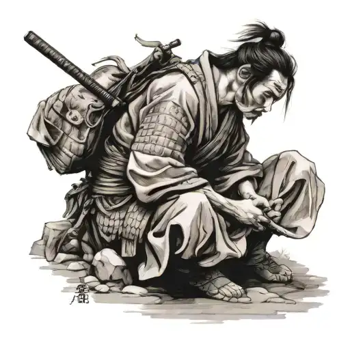 Samurai Kneeling Writing On Stone