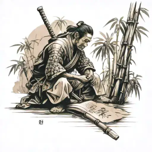 Samurai Kneeling Writing On Paper While In A Bamboo Forest