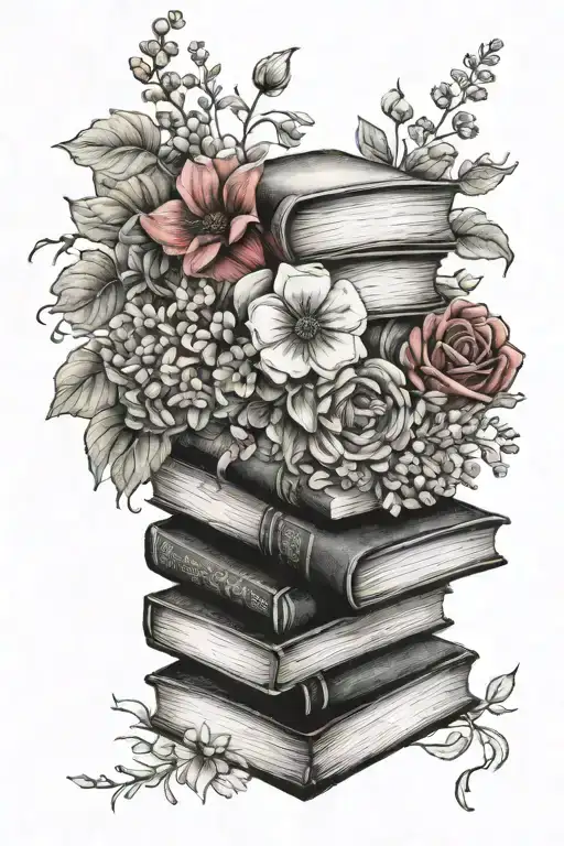 Book Stack With Flowers Surrounding