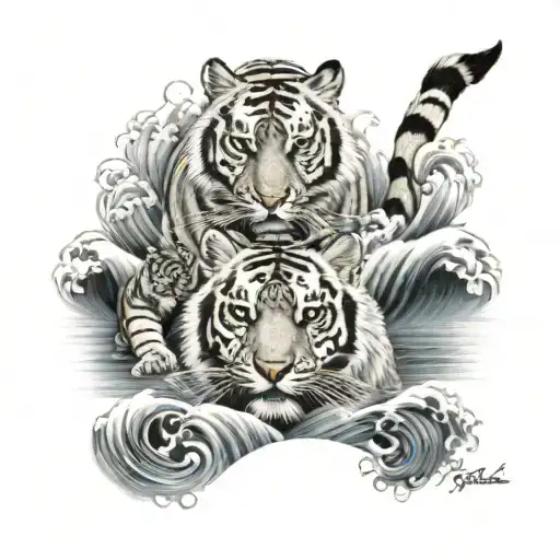 Tiger With 2 Cubs And Japanese Waves