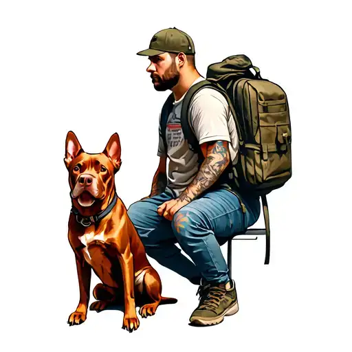 Medium Sized Red Dog Sitting At Street Corner With Man Wearing Large Backpack