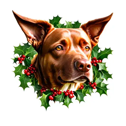 Medium Sized Red Dog Head With Holly Bush In Background