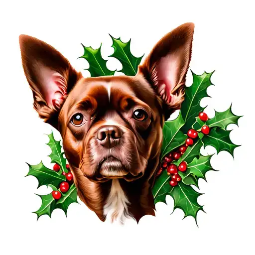 Medium Sized Red Floppy Ear Dog Head With Holly Bush In Background