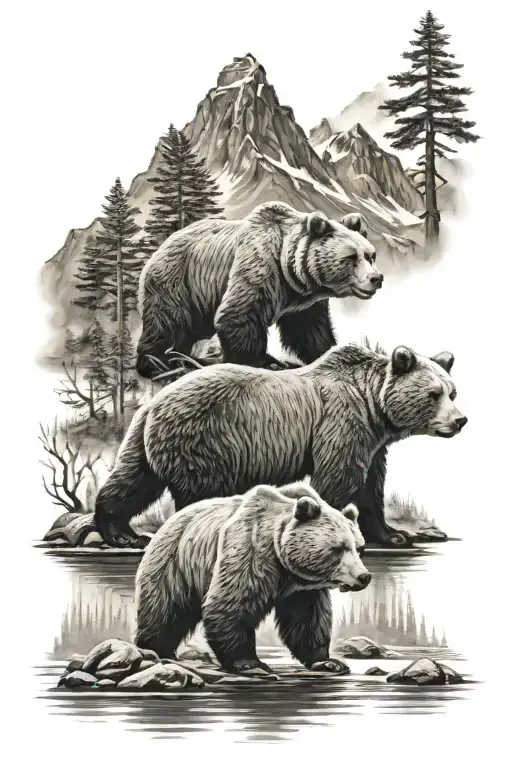 Mountain Lake And 2 Bears