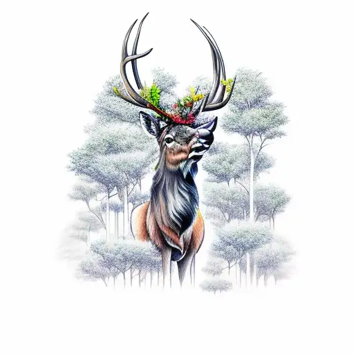 A Majestic Stag Standing In A Lush Forest Surrounded By Vibrant Plants And Flowers