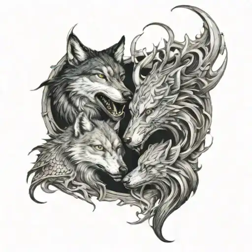 A Wolf And Dragon Intertwined In A Dark Romance Scene