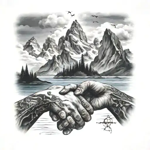Mountains Ocean People Holding Hands