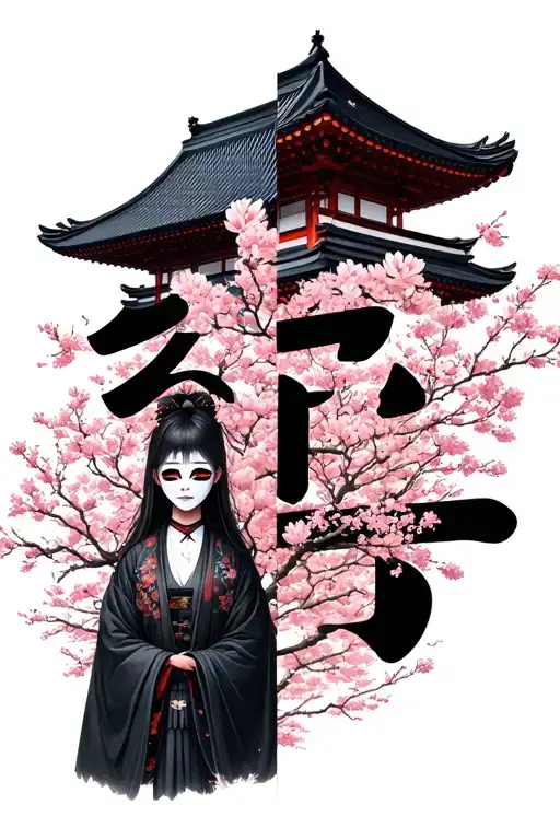 Japanese Temple With Blossom Tree And Half Mask And Half Girl Photo With Big Japanese Letter