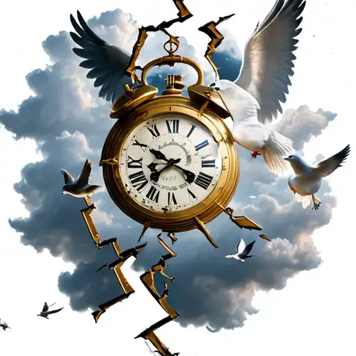 Broken Clock With Clouds Where Doves Fly And 1 Angel Who Stays In The Air To Help