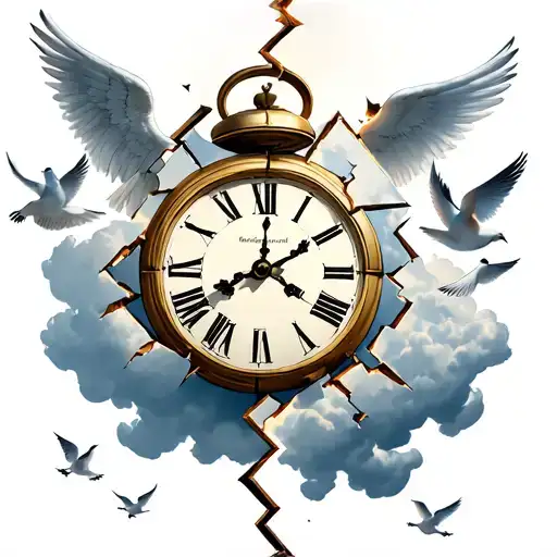 Broken Clock With Clouds Where Doves Fly And An Angel Who Stays In The Air Prayng