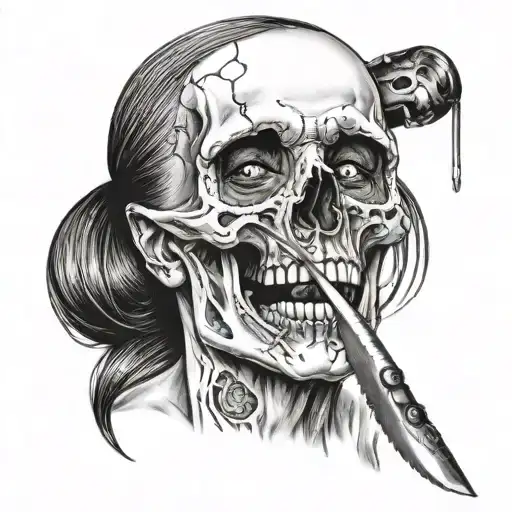 Dead Woman Skull Holding Knife In Mouth