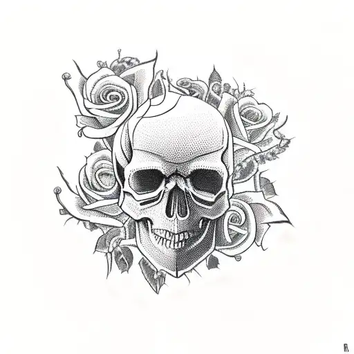 Skull With Roses On The Eyes And Roots And Thorns And A Snake