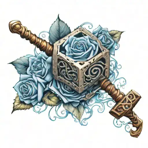 Thor's Hammer With Blue Rose Surrounding It