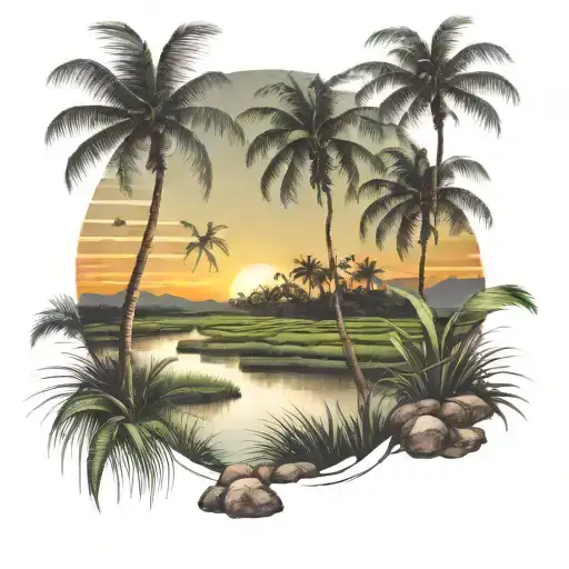 Rice Fields Sunset Scene Coconut Trees Inside