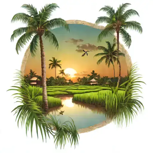Rice Fields Sunset Scene Coconut Trees Inside