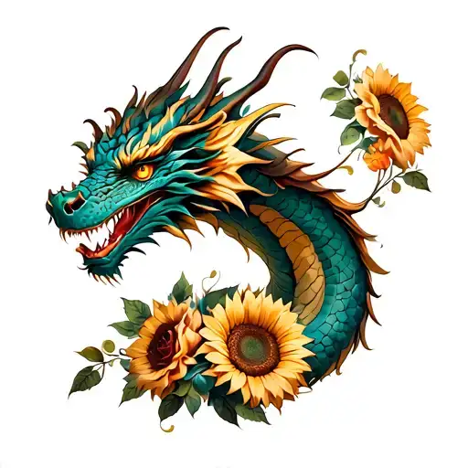 Dragon Tattoo With Sunflowers And Roses
