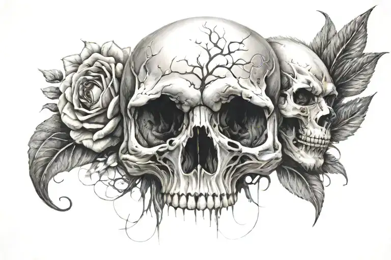 Shoulder Tattto With A Human Skull And Flowera And Lion