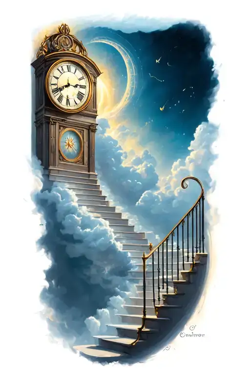 Clock And Stairs Going Into Heaven