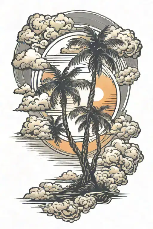Crossed Palms Rising Sun And Clouds