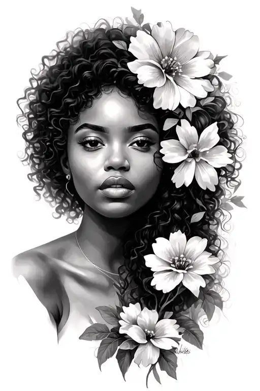 Female Face With Flowers Black Woman With Thin Strokes And Curly Hair