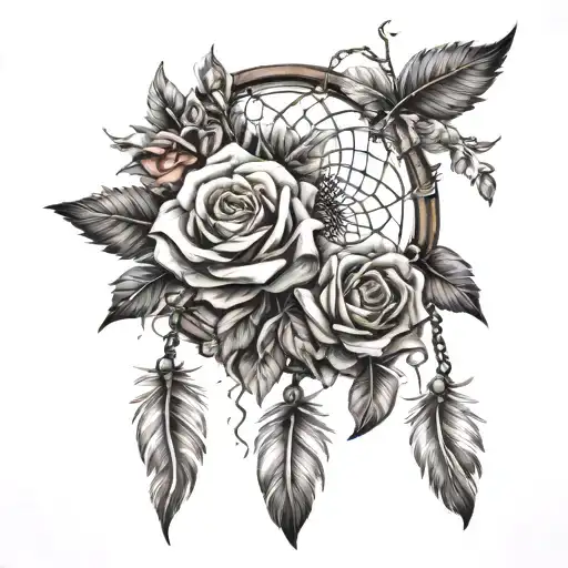 Dreamcatcher With Feathers And Roses Blooming