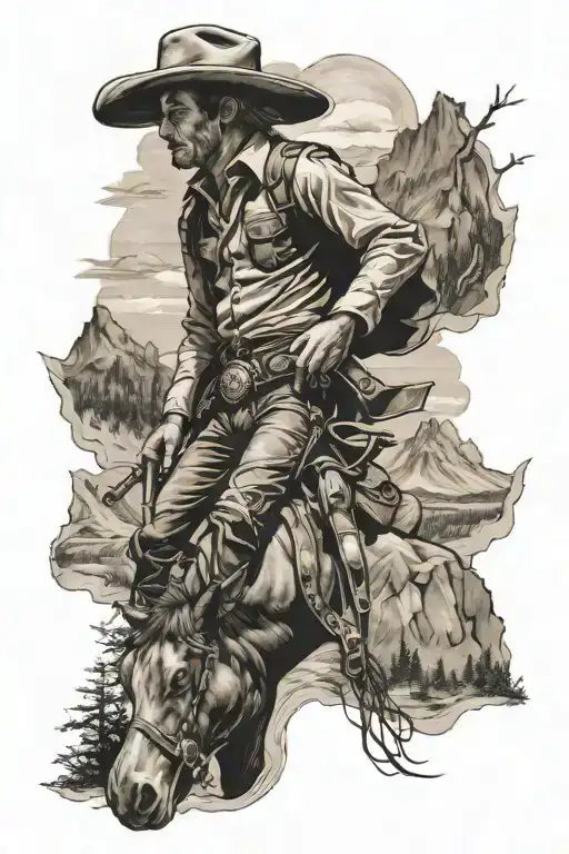 Western Cowboy And Mountain And Woods Surrounded