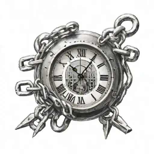 Clock Face As A Ball And Chain Wrapped Around A Prisoner With Prison Bars In The Foreground