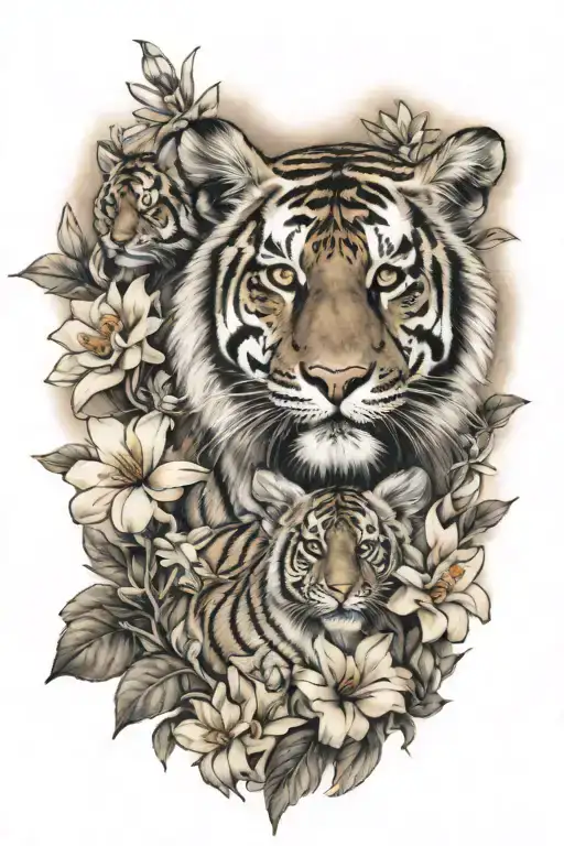 Momma Tiger With 3 Cubs And Flowers
