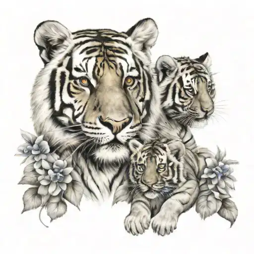 Mama Tiger With 3 Cubs And Flowers Intertwined