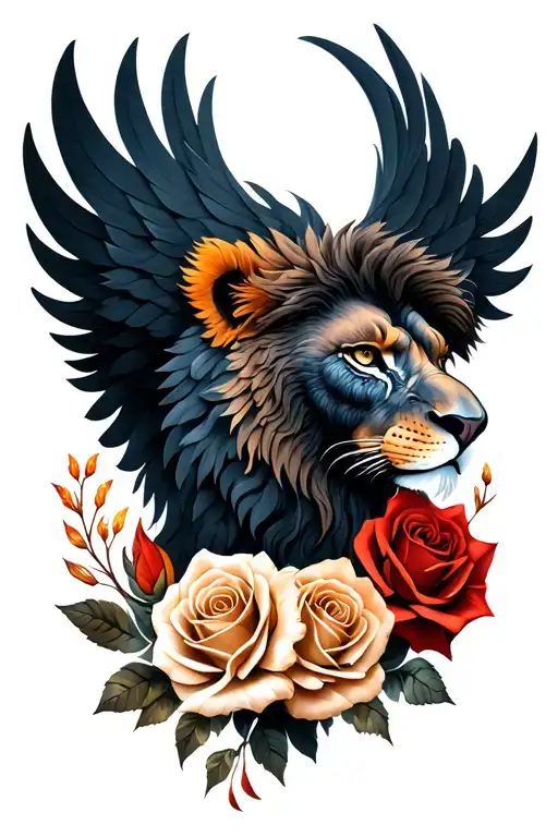 Lion Head Phoenix Tattoo With Roses