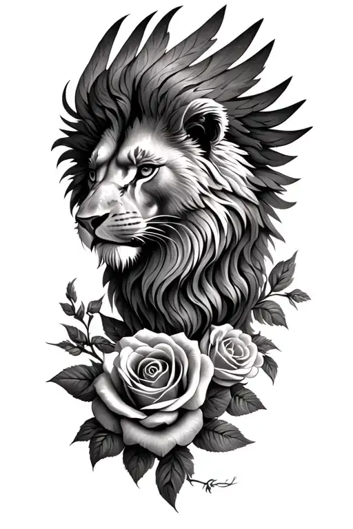 Lion Head Phoenix Tattoo With Roses