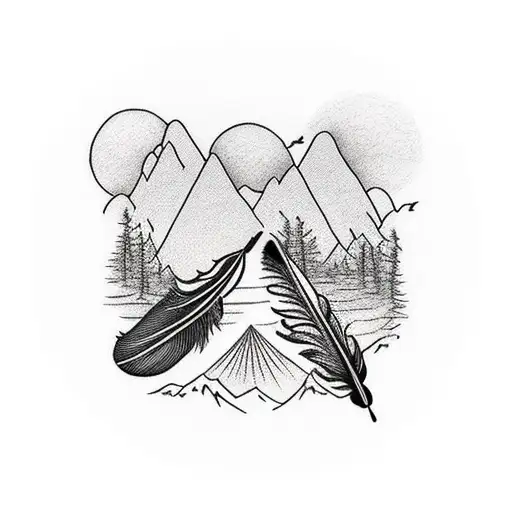 Feather With Mountains Inside Reflecting In A Lake With 4 Small Birds And 1 Large Bird