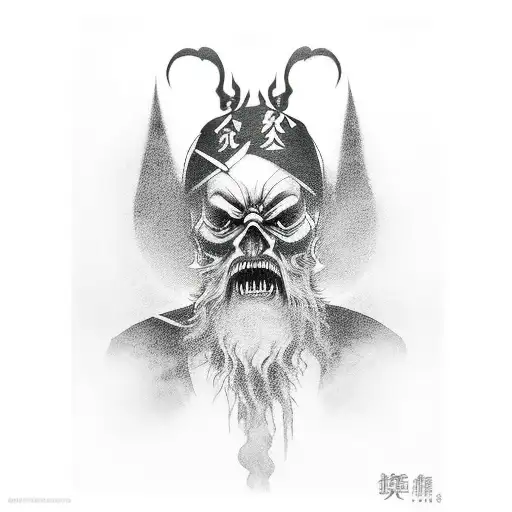 A Black And Grey Tattoo Of A Ghostly Figure From The Game Ghost Of Tsushima Holding A Banana