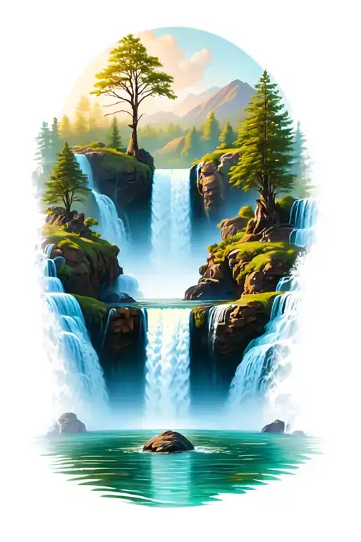 Three Waterfalls Flowing From Three Different Directions Into The Same Pool At The Center