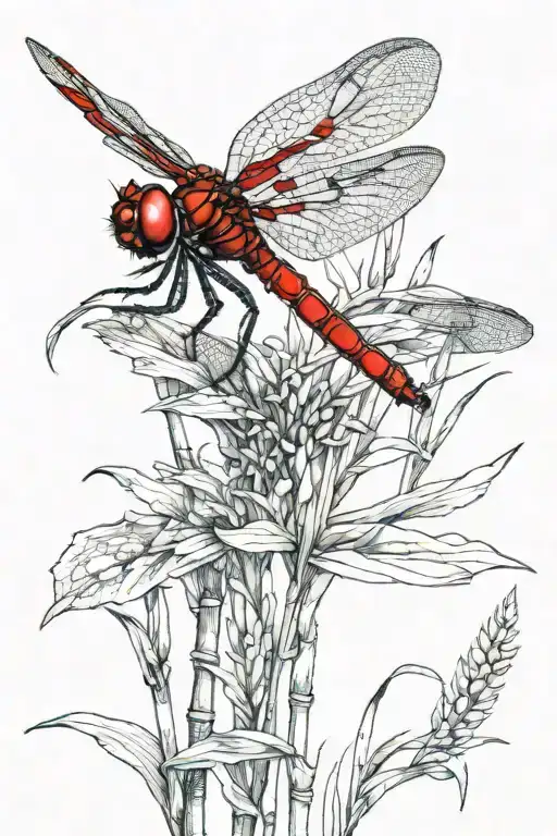 Red Dragonfly On Cattail Plant