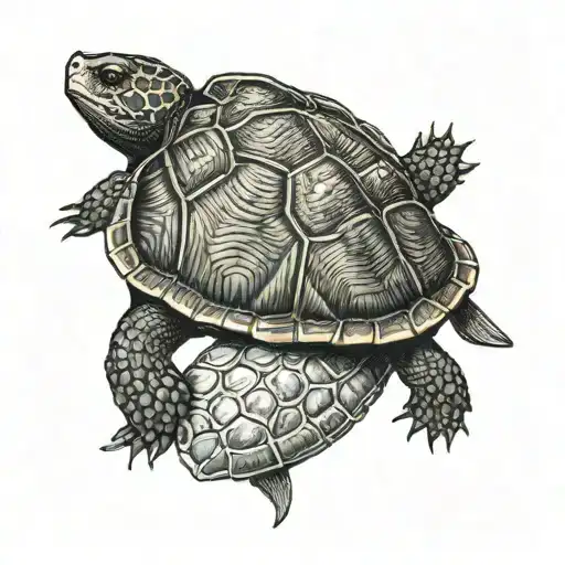 Three Toes Box Turtle Shell Top View In Red Brown Ink And Realistic