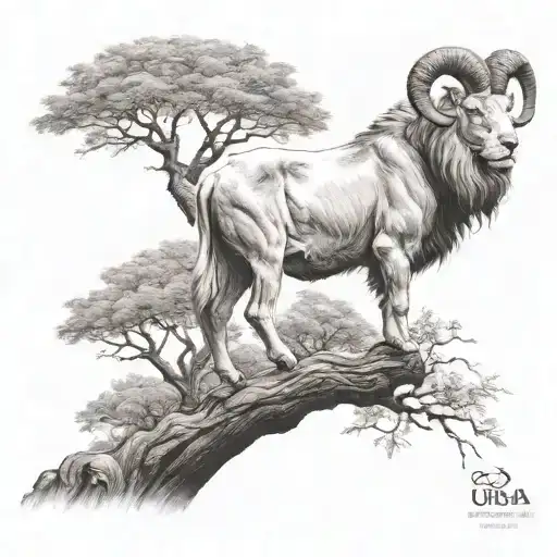 Goat Standing In Tree Lion Walking On The Ground Looking