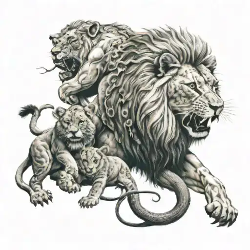 Lion Defeating A Serpant With His 3 Cubs Below