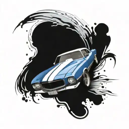 1970S Camaro Blue With White Rallies Stripes With Black Rims With Two Hands Colliding Above It