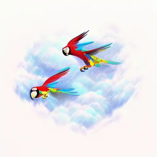 Colorful Macaws Flying Over A Waterfall In A Sketch Style