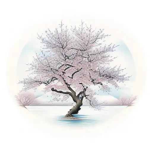 A Serene Waterfall Surrounded By Blooming Cherry Blossom Trees